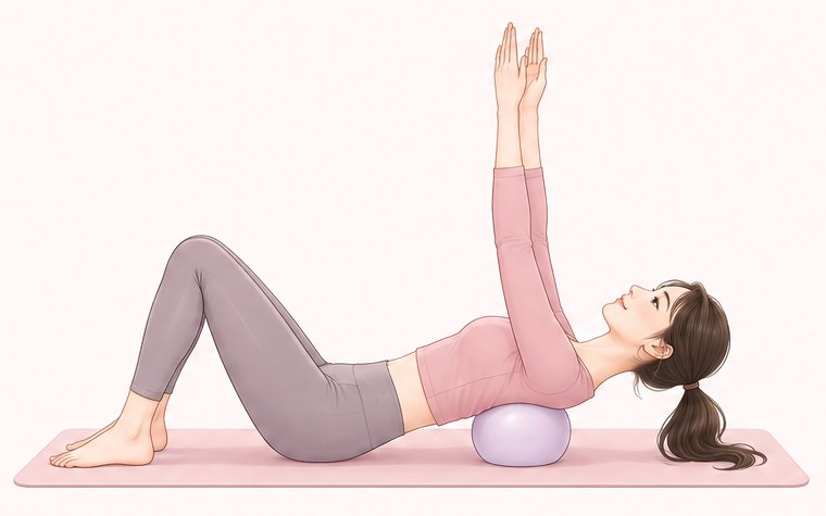 膝を立ててあお向けになり、背中の胸の高さにボールを置いて両腕を天井へ上げる