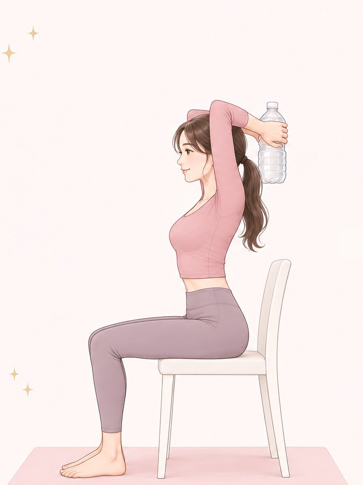 椅子に座り、ペットボトルを両手で頭の後ろに持つ。肘は上へ、耳より後ろ