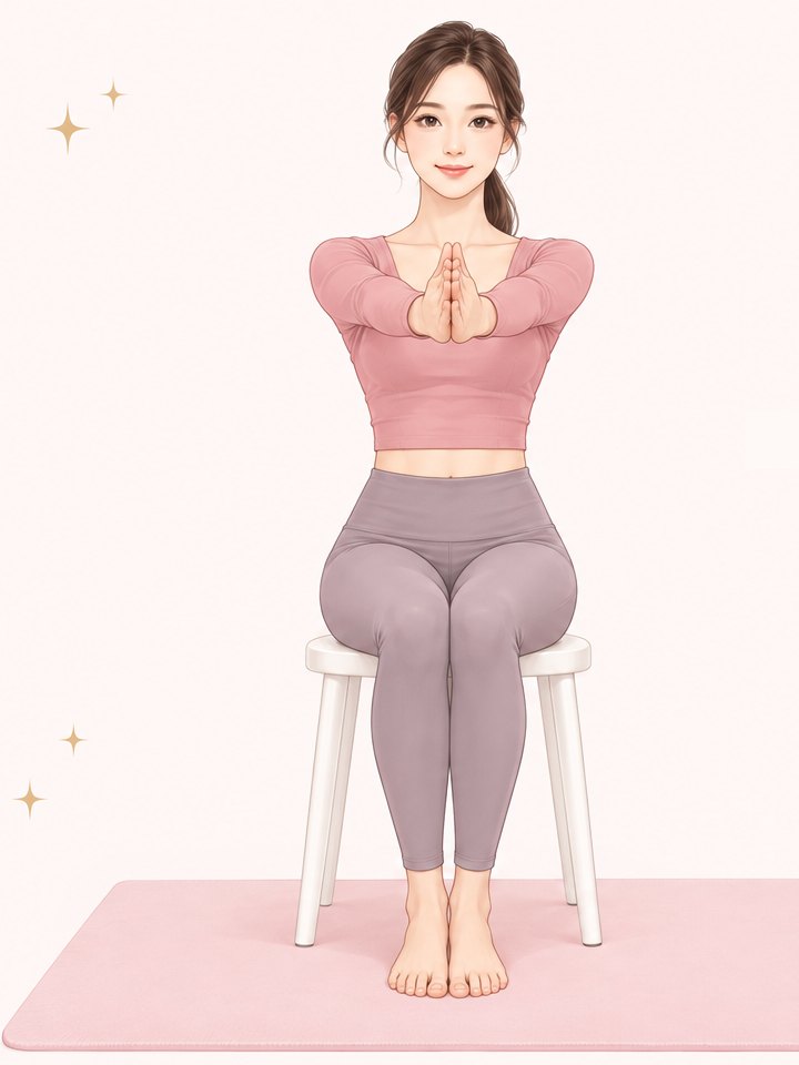 膝と足を閉じて座り、両腕を前に伸ばして手のひらを合わせる