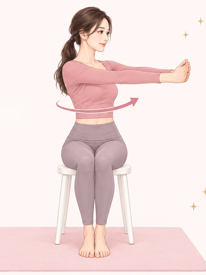 膝は正面のまま、胸から左へひねる
