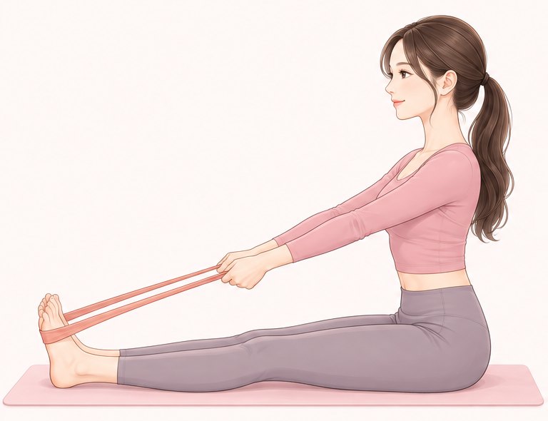 脚を伸ばして座り、足の裏にチューブをかけて両端を持つ