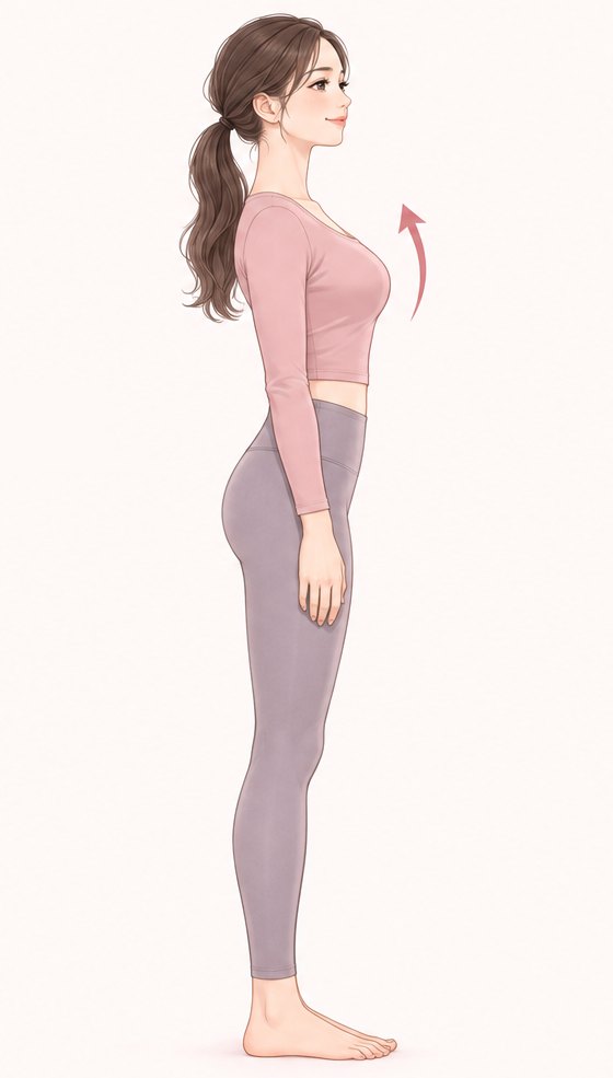 胸を上に引き上げて胸を張り、肩の力を抜いた姿勢