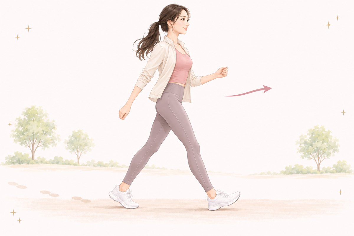 胸を引き上げて、腕を自然に振りながら歩く